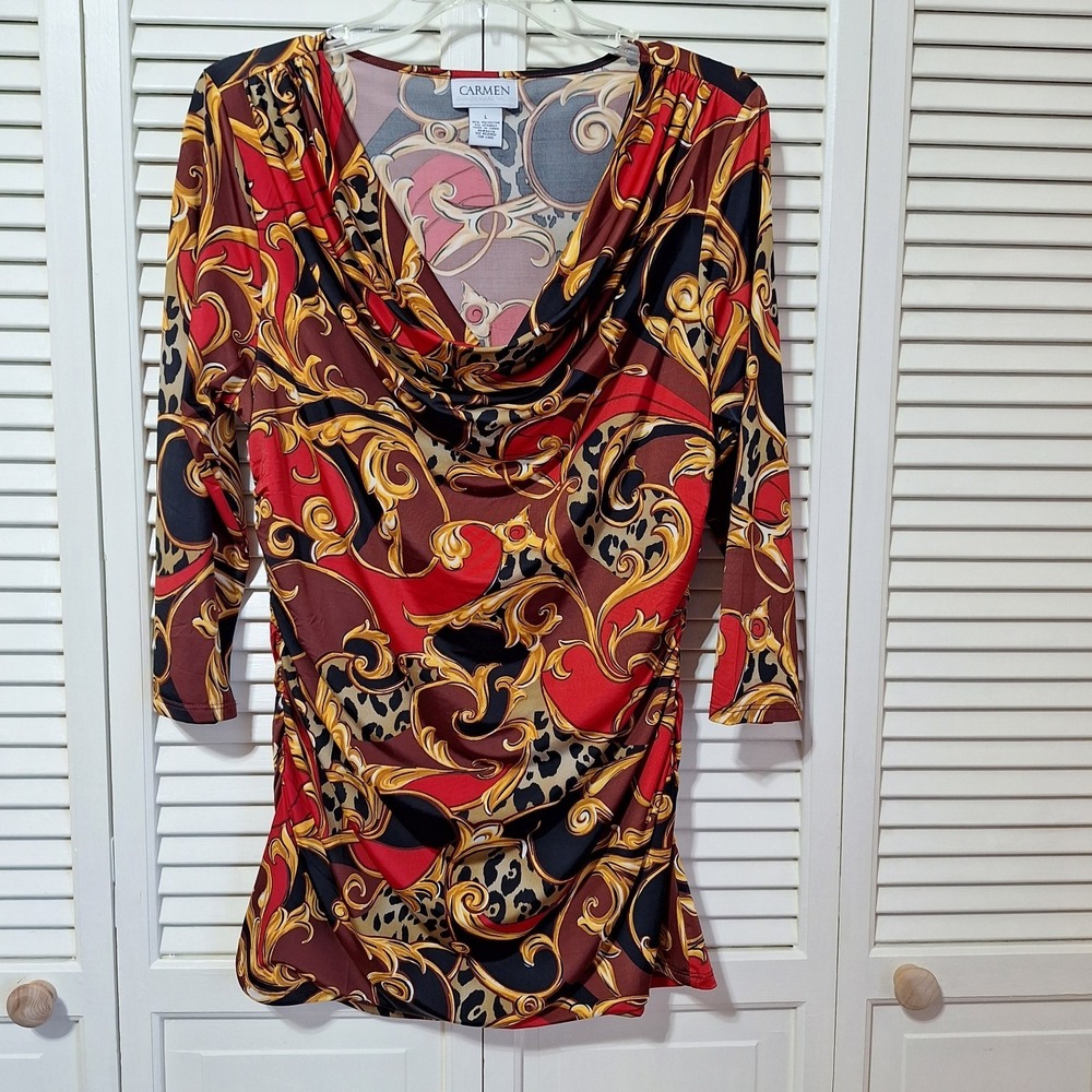 Carmen Marc Valvo Womens Size L Drape Neck Multicolored 3/4 Sleeve Stretch Knit